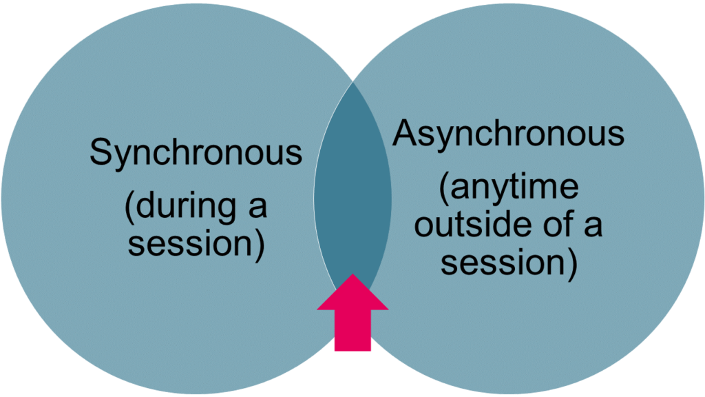 An arrow points to the center of a Venn diagram, between "synchronous" (during a session) and "asynchronous" (anytime outside of a session)