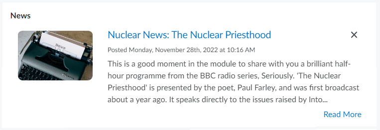 Screenshot of an excerpt news post in the "nuclear news" category, with a typewriter image and a few lines of text informing students about a BBC radio series called The Nuclear Priesthood.