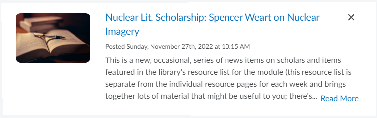 Screenshot of an excerpt news item mentioning the scholarship of Spencer Weart, and introducing the new Nuclear Lit Scholarship category of new item.