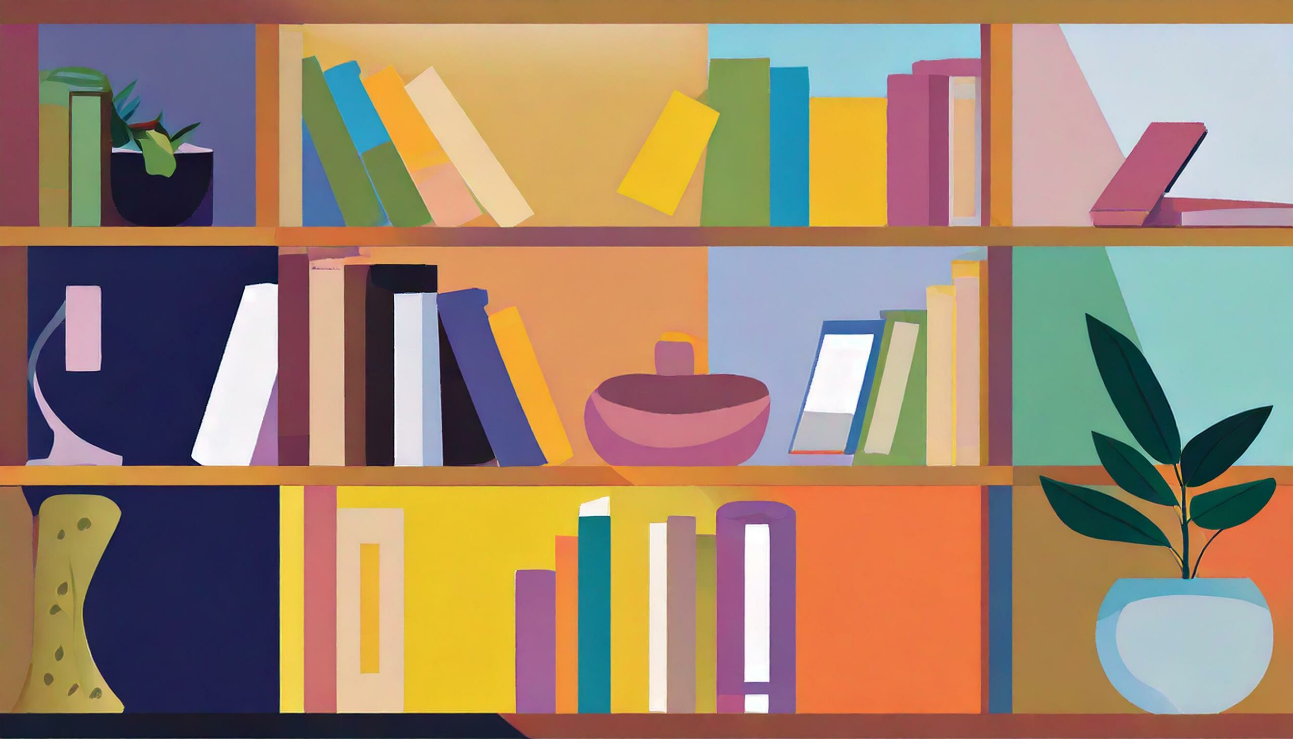 A colourful abstracted image of a bookshelf with books, electronic devices and plants.